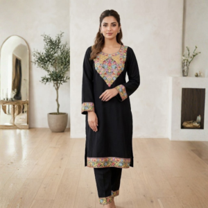 Elegant Jet Black Kashmiri-Style Kurta Set