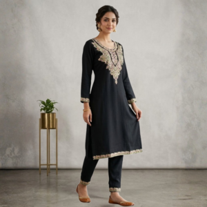 Graceful Black Kurta Set with Pastel Floral Embroidery