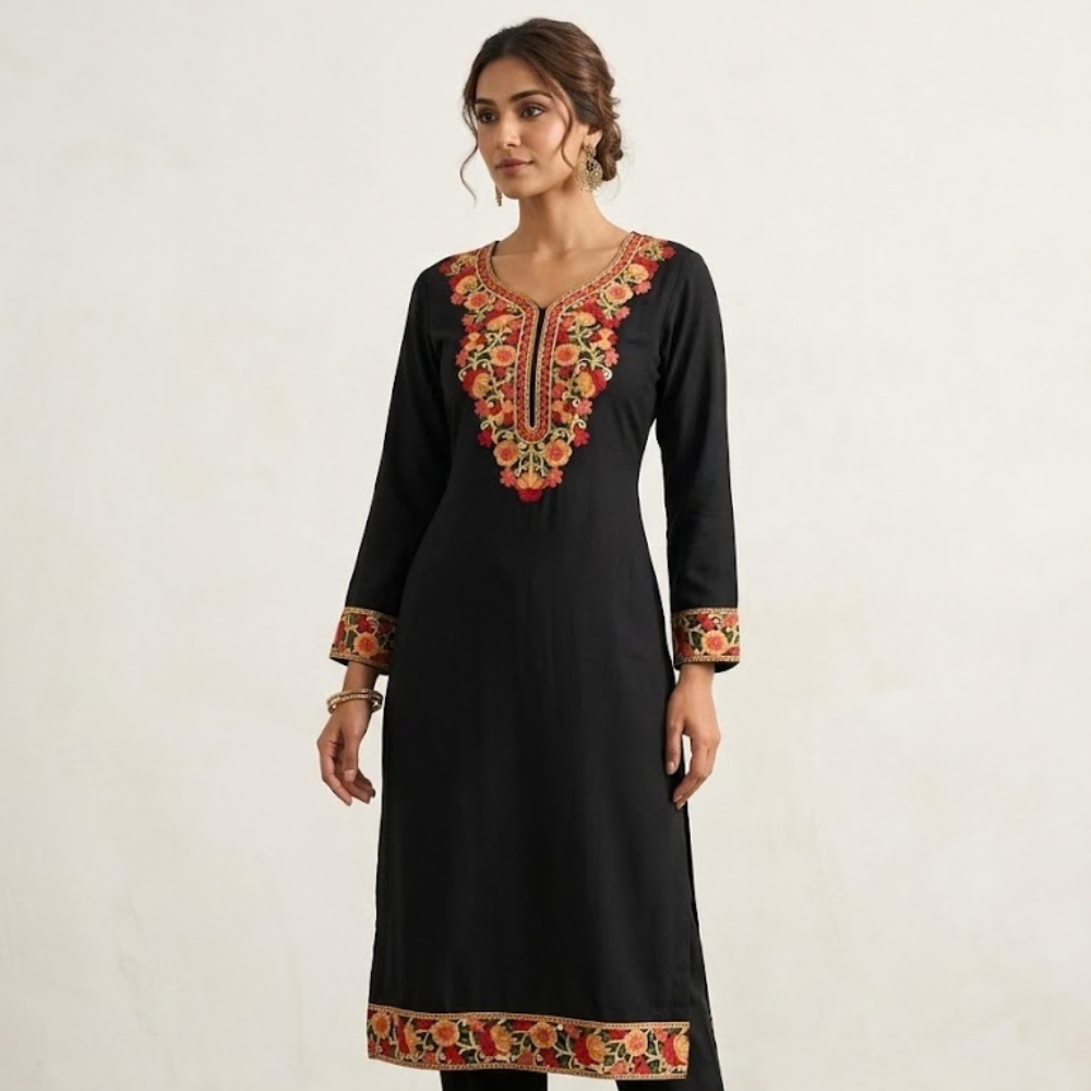 Majestic Amber & Gold Mosaic Embroidered Black Kurta Set - Image 2