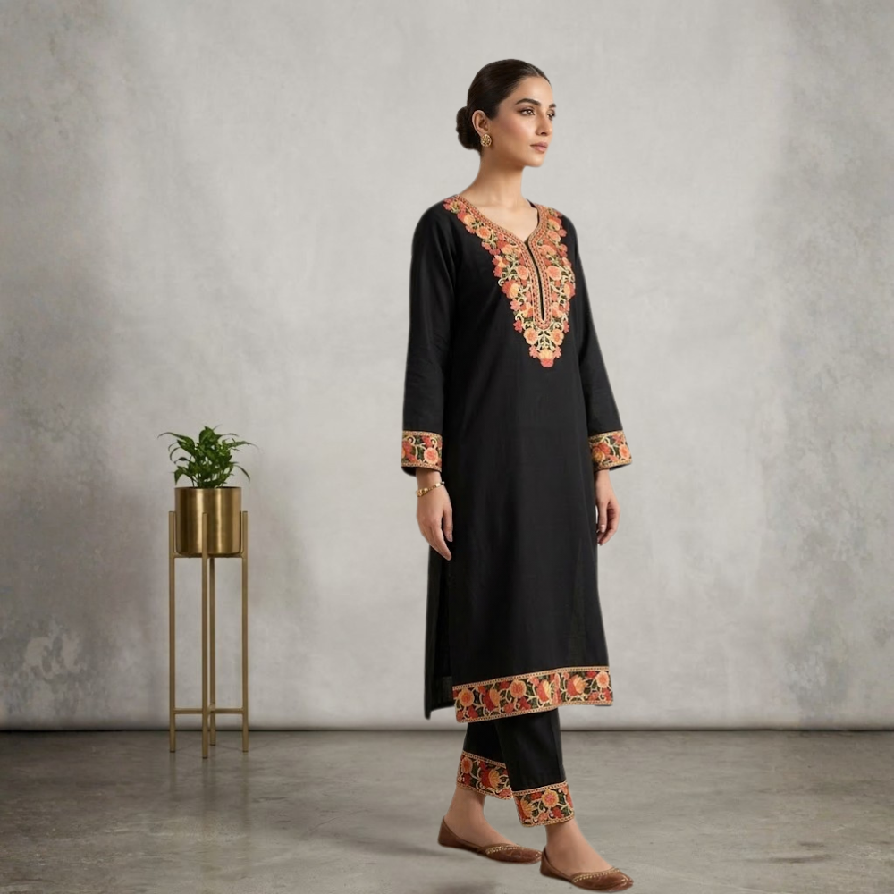 Majestic Amber & Gold Mosaic Embroidered Black Kurta Set - Image 3