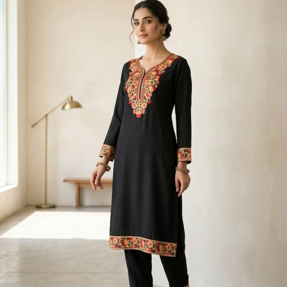 Majestic Amber & Gold Mosaic Embroidered Black Kurta Set