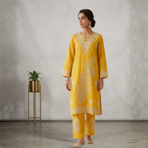 Radiant Mustard Kurta Set with Asymmetrical Ivory Paisley