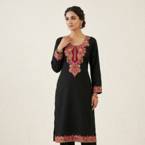 Regal Black Kurta Set with Ruby & Golden-Amber Embroidery