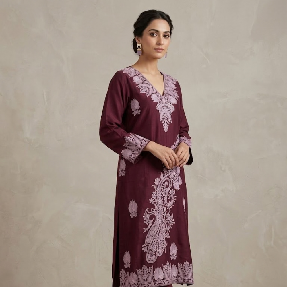 Regal Wine Kurta Set with Asymmetrical Silver-Mauve Paisley