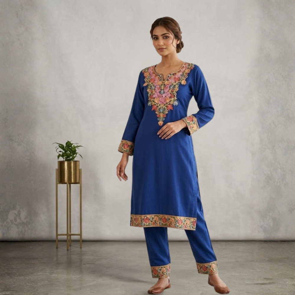 Royal Blue Kurta Set with Warm Coral & Gold Embroidery - Image 2