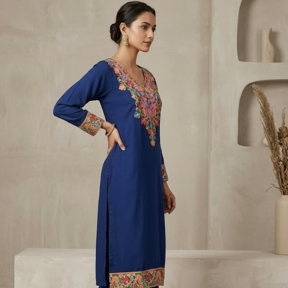 Royal Blue Kurta Set with Warm Coral & Gold Embroidery - Image 3