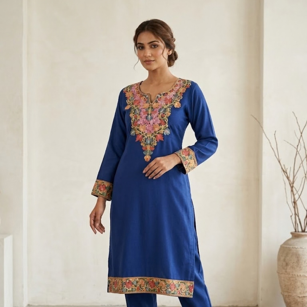 Royal Blue Kurta Set with Warm Coral & Gold Embroidery