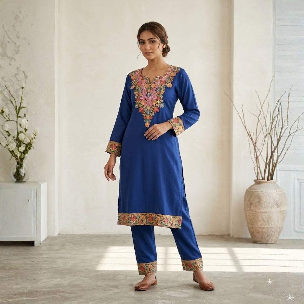 Royal Blue Kurta Set with Warm Coral & Gold Embroidery - Image 4