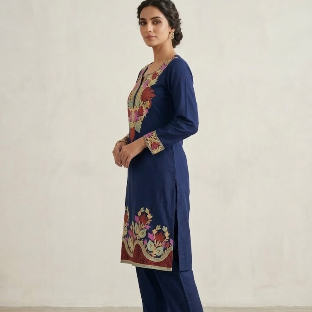 Royal Navy Scalloped Kurta Set with Rust & Orchid Embroidery - Image 2
