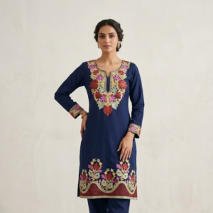 Royal Navy Scalloped Kurta Set with Rust & Orchid Embroidery
