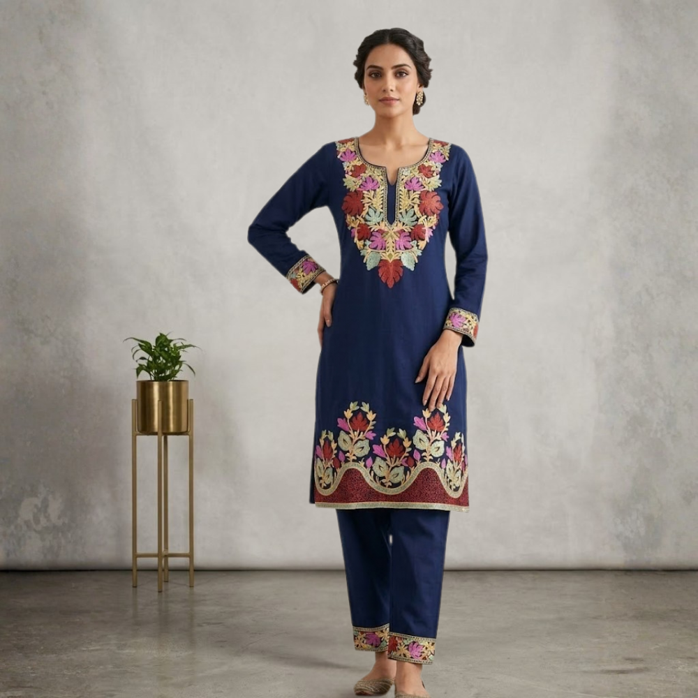 Royal Navy Scalloped Kurta Set with Rust & Orchid Embroidery - Image 4