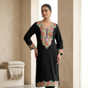 Star-Floral Embroidered Black Kurta Set in Teal & Coral