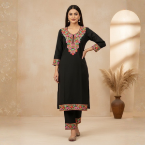 Vibrant Crimson & Orchid Embroidered Black Kurta Set
