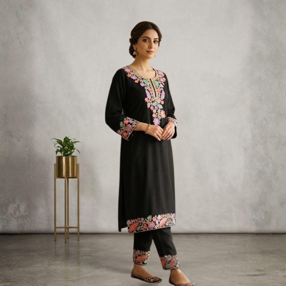 Whimsical Lavender & Coral Feather-Embroidered Kurta Set - Image 2