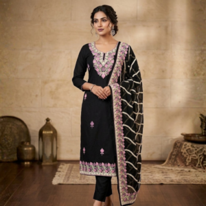 Black Unstitched Suit with Orchid & Lavender Floral Embroidery