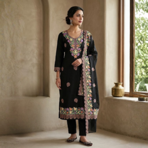 Elegant Black Unstitched Suit with Peach & Lavender Floral Embroidery